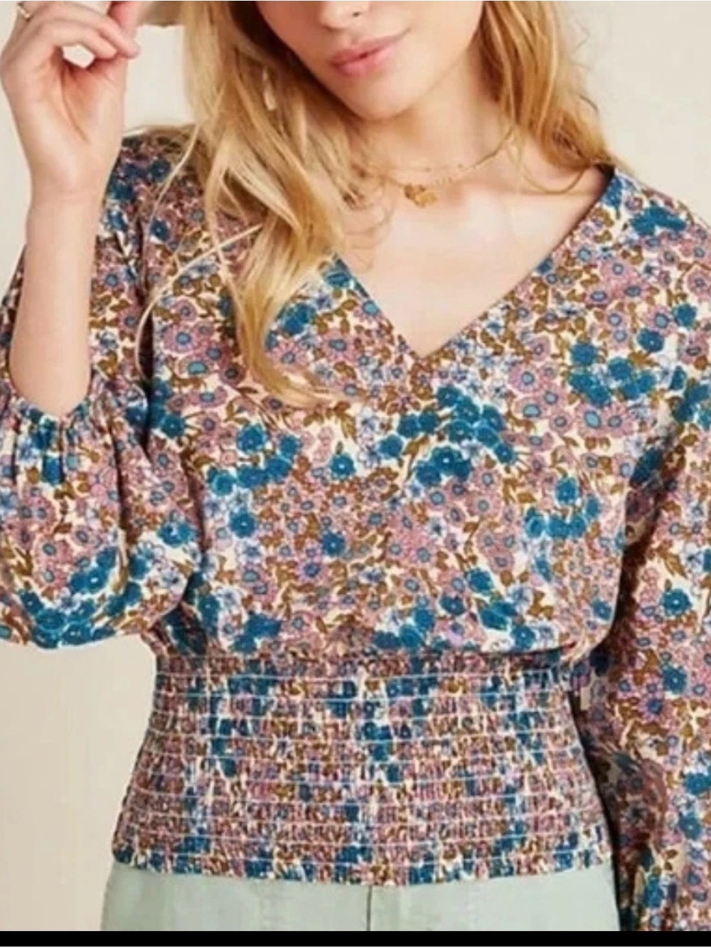 Anthropologie Maeve Floral V-Neck Smocked Waist Blouse - Blue & Pink Size S